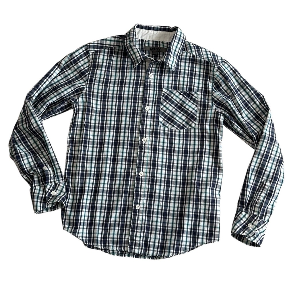 DKNY Boys Size Medium (8-10) Blue & Green Plaid Button Front Shirt